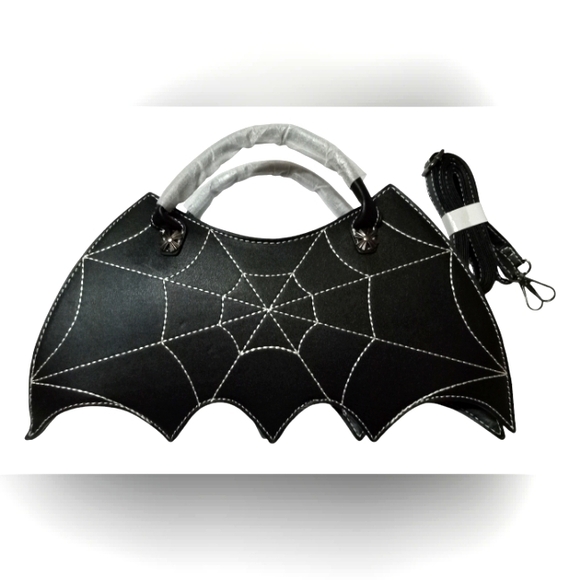 Goth Horror Themed Spider Web Bat Design Faux Leather Crossbody Purse - Picture 1 of 12